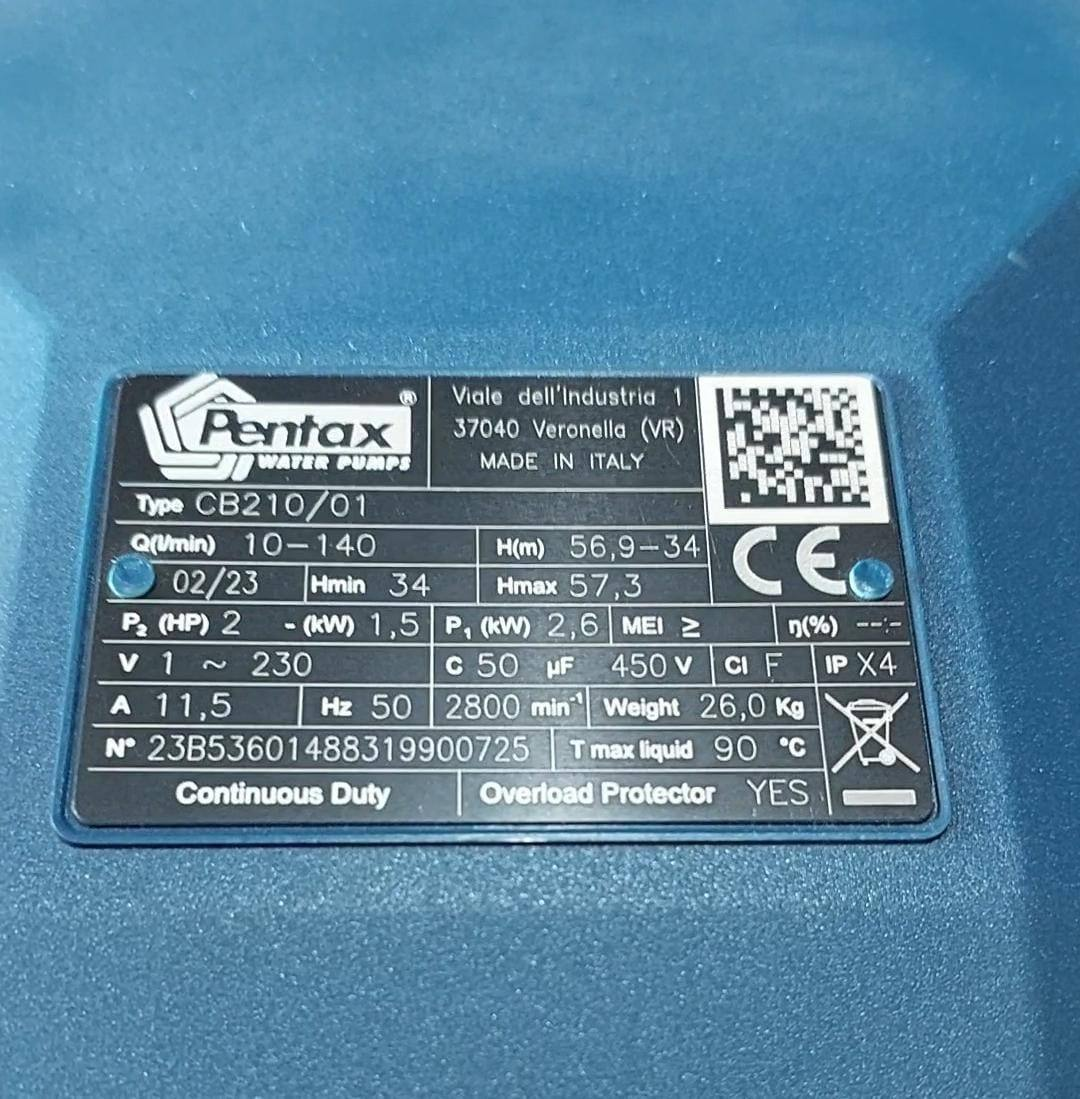 پمپ آب پنتاکس دو پروانه مدل CB210/00 با توان ۲ اسب و پروانه نوریل – محصول اصل وارداتی ایتالیا، مناسب مصارف خانگی و کشاورزی.